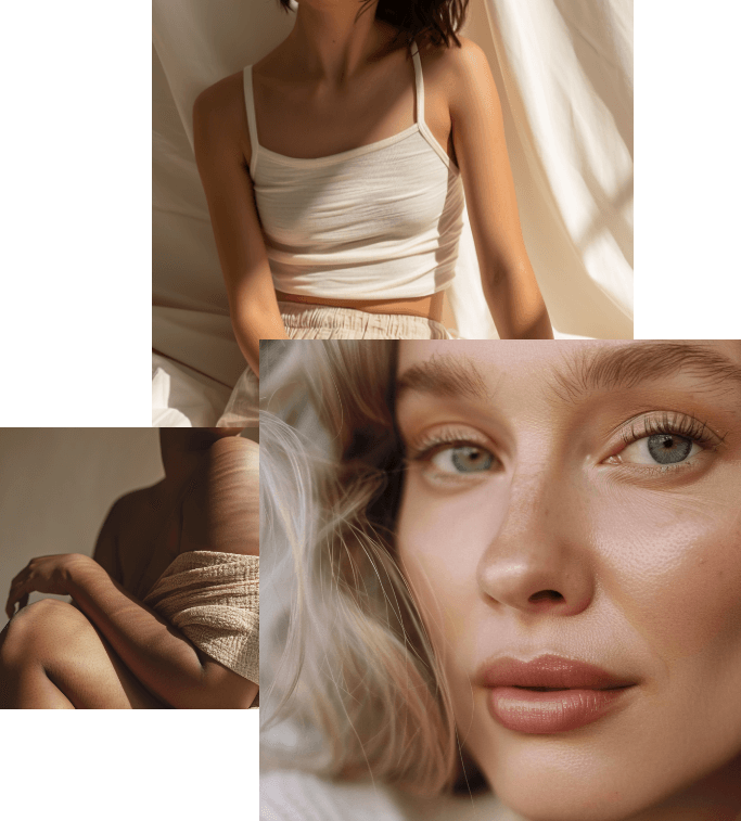 A collage of three close-up portraits of people.
The top-left shows a person in a white tank top, the bottom-left shows a close-up of a person with their arm wrapped in fabric,
and the right image focuses on a woman's face with soft lighting, highlighting her clear skin and green eye