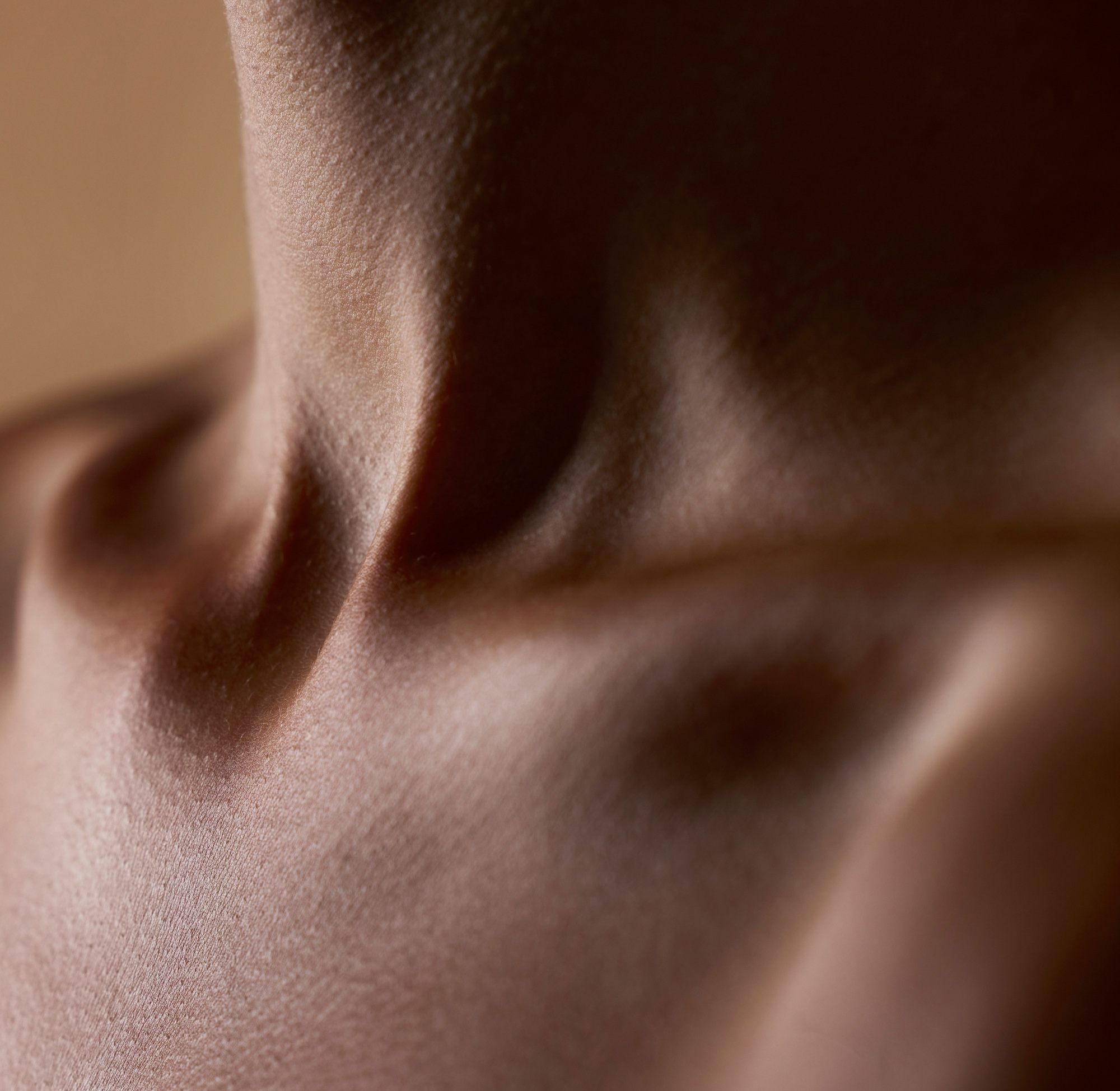Close-up of a person's neck, showing the subtle contours and smooth skin, with soft lighting accentuating the curves and shadows