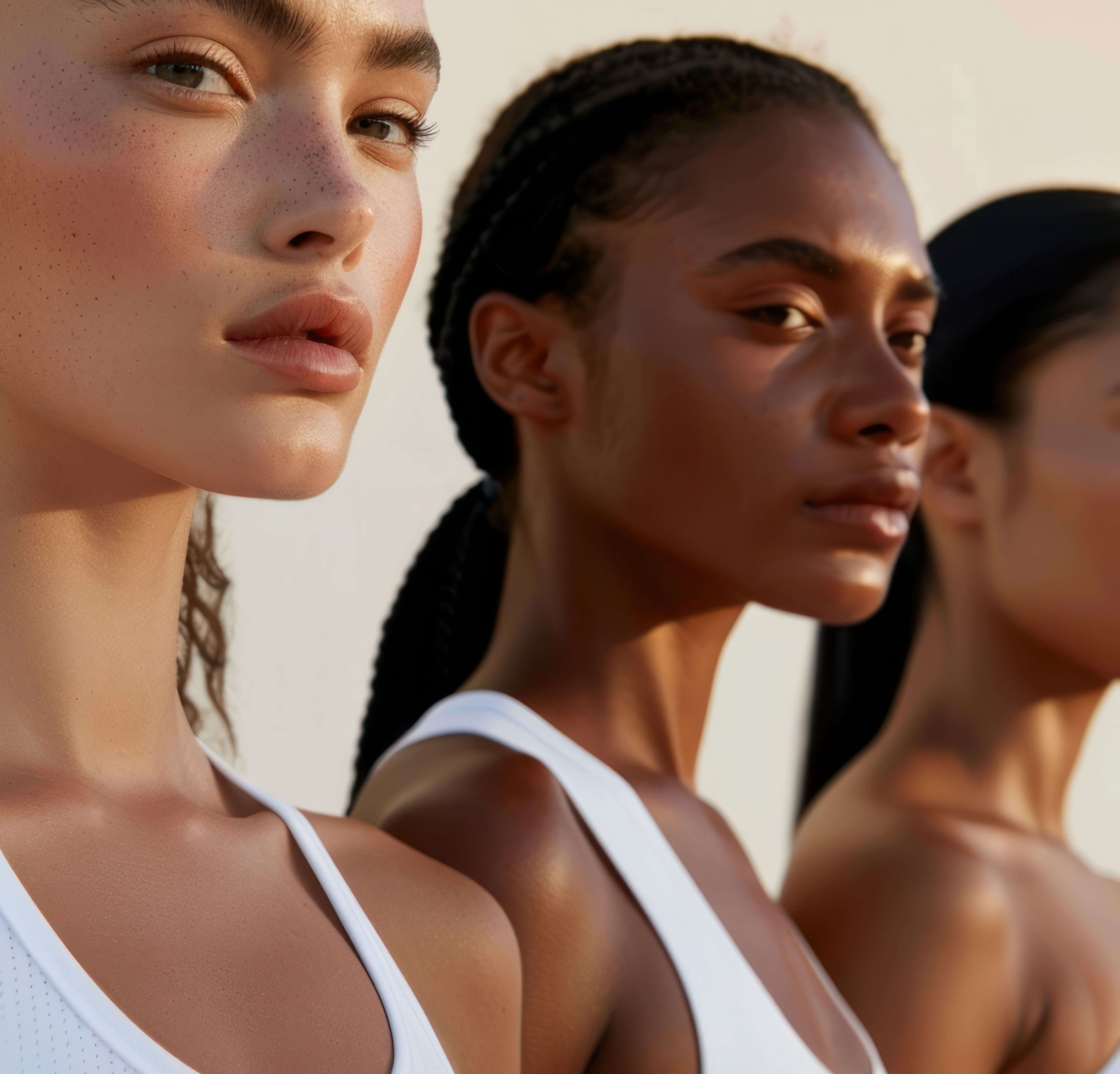 Close-up of three people standing side by side, each wearing a white athletic top, with soft lighting accentuating their facial features and natural skin tones.