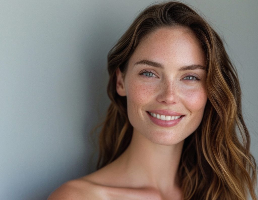 Photo of an attractive woman with freckles and smooth skin