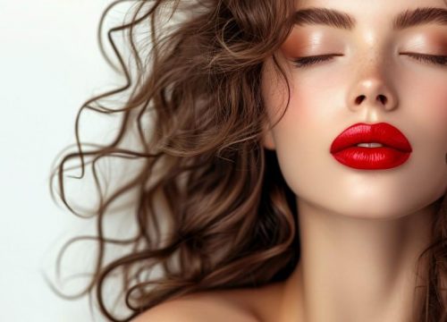 Photo of a woman with plump lips wearing red lipstick